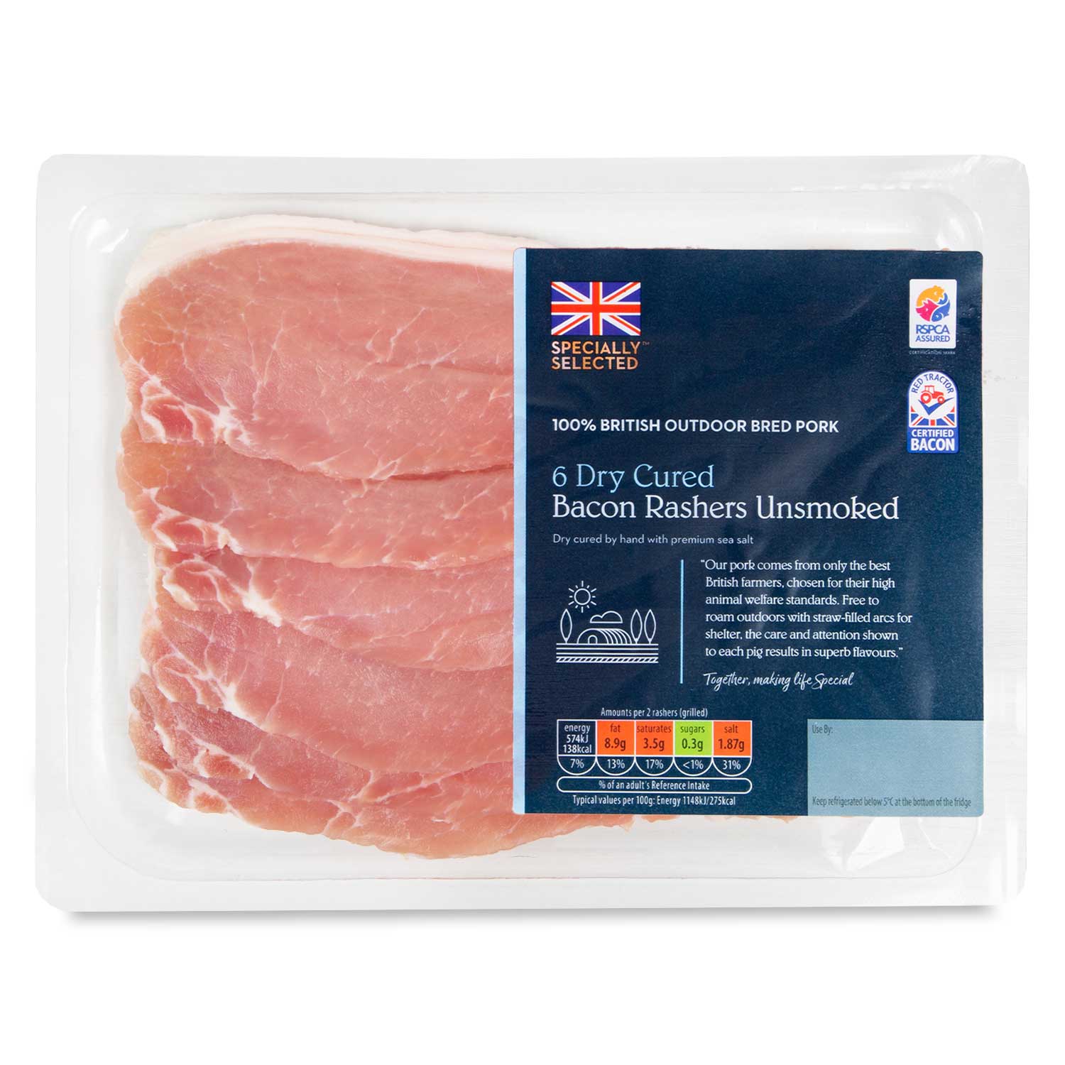 Specially Selected Dry Cured Bacon Rashers Unsmoked 240g/6 Pack