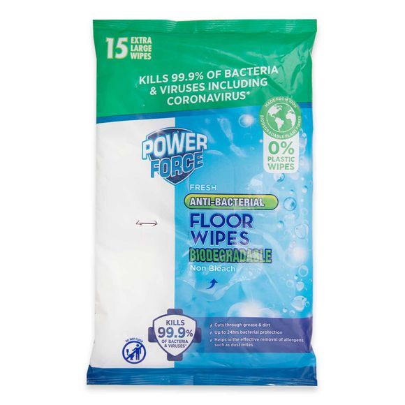 Powerforce Fresh Antibacterial Biodegradable Floor Wipes 15 Pack