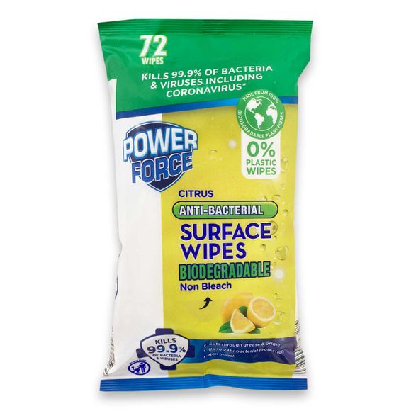 Powerforce Antibacterial Citrus Biodegradable Surface Wipes 72 Pack