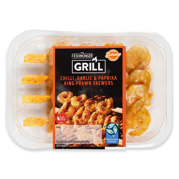 The Fishmonger Grill Chilli, Garlic & Paprika King Prawn Skewers 120g