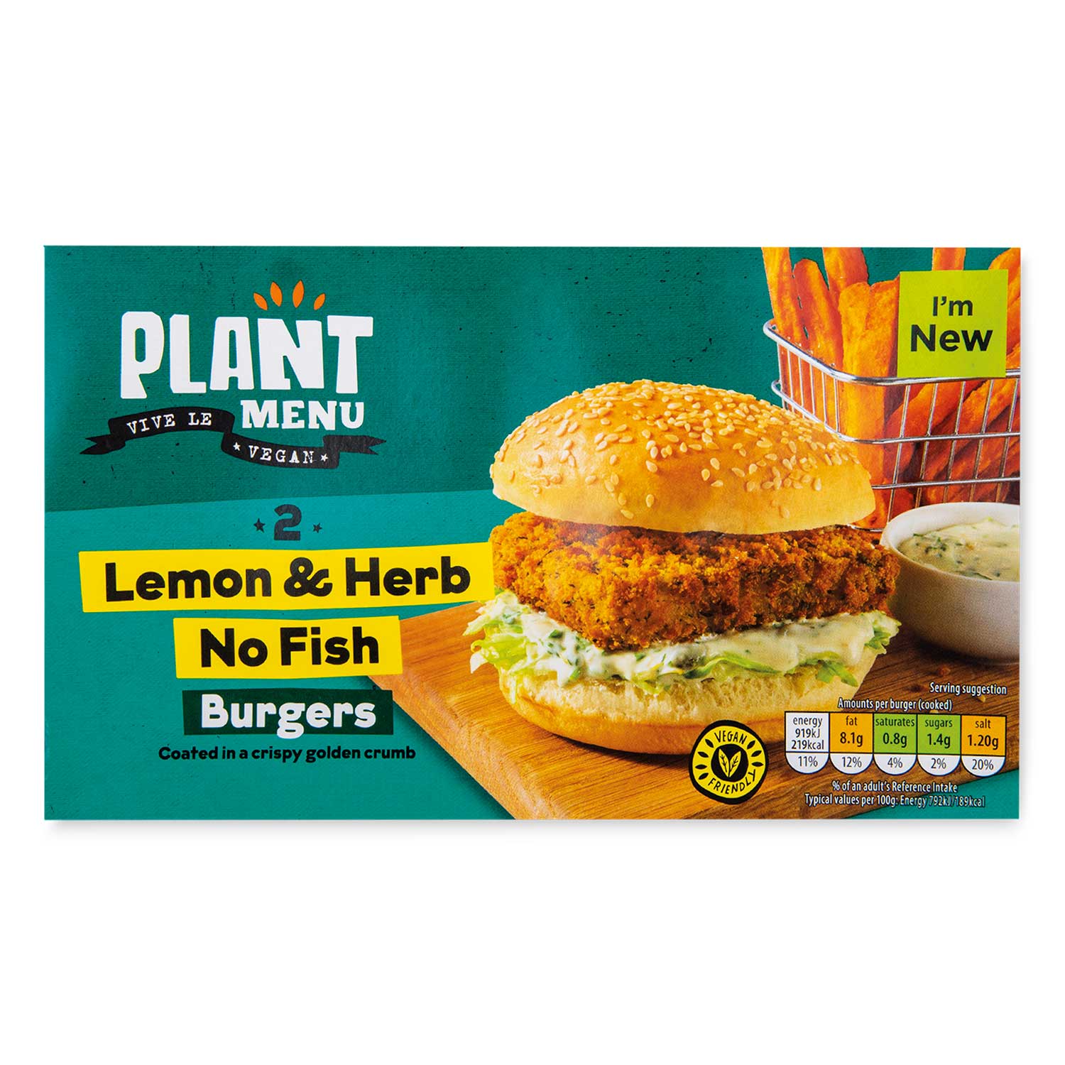 Plant Menu Lemon & Herb No Fish Burgers 240g/2 Pack