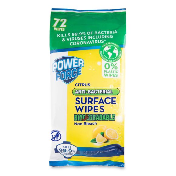 Powerforce Citrus Antibacterial Surface Biodegradable Wipes 72 Wipes