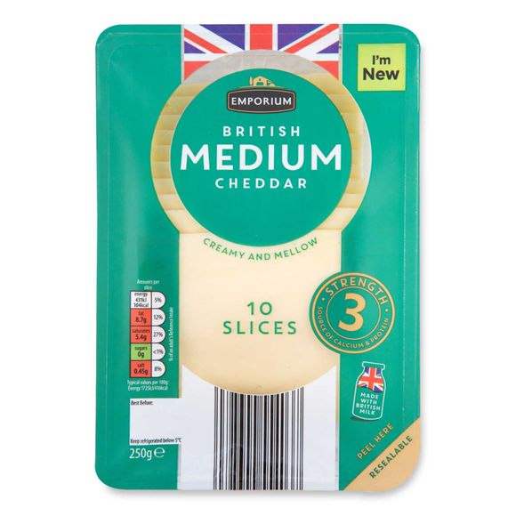 Emporium British Medium Cheddar Cheese 250g/10 Slices