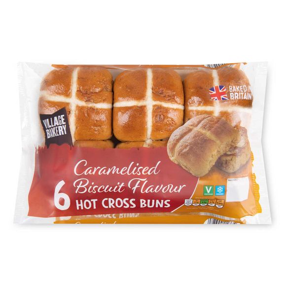 Village Bakery Caramelised Biscuit Flavoured Hot Cross Buns 260g/4 Pack