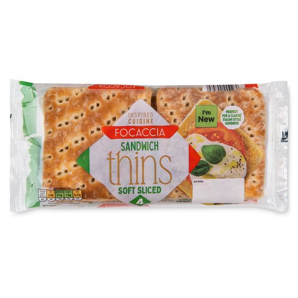 Inspired Cuisine Focaccia Sandwich Thins Soft Sliced 160g/4 Pack