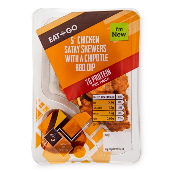 Eat & Go Chicken Satay Skewers With A Chipotle BBQ Dip 55g/5 Pack