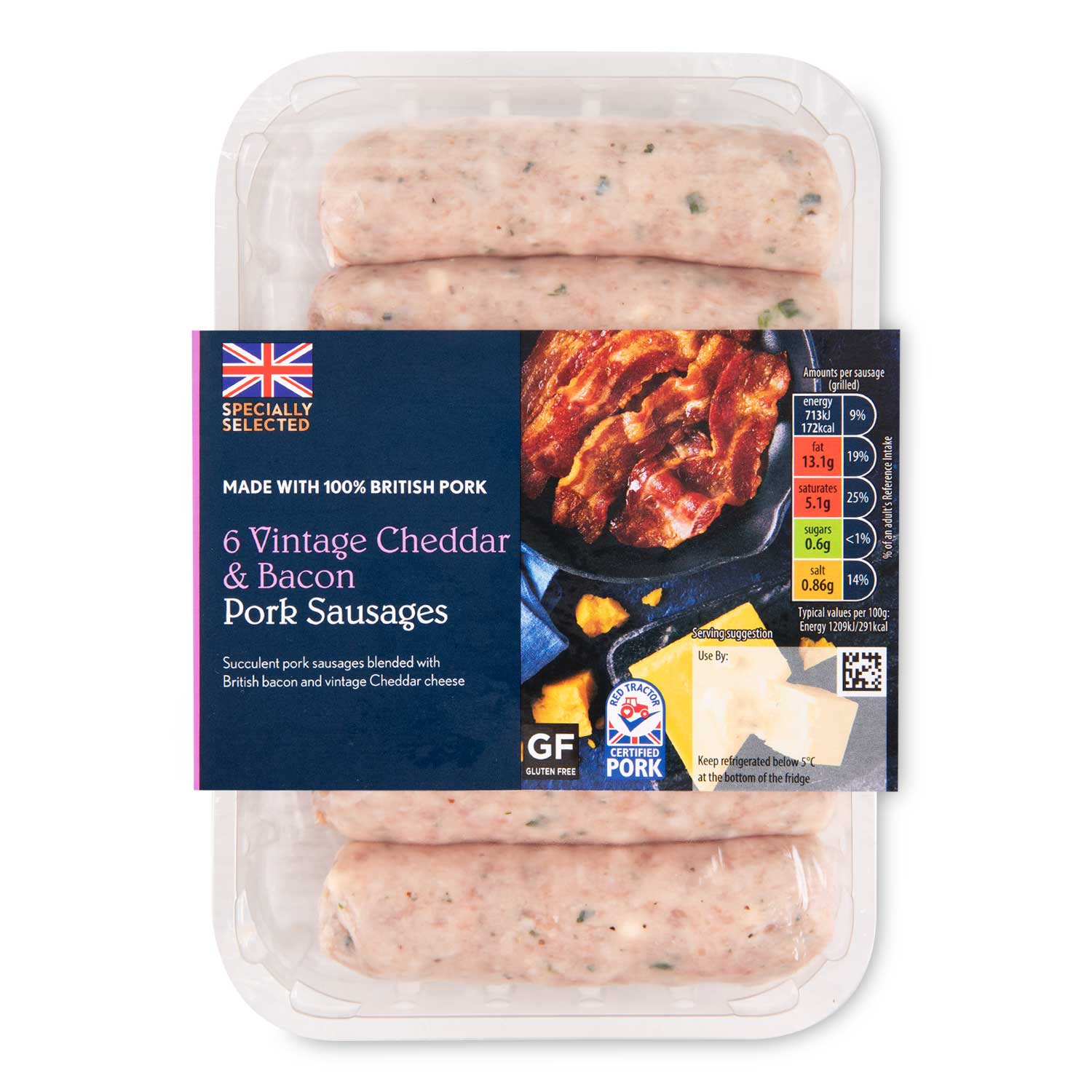 Specially Selected Vintage Cheddar & Bacon Pork Sausages 400g/6 Pack