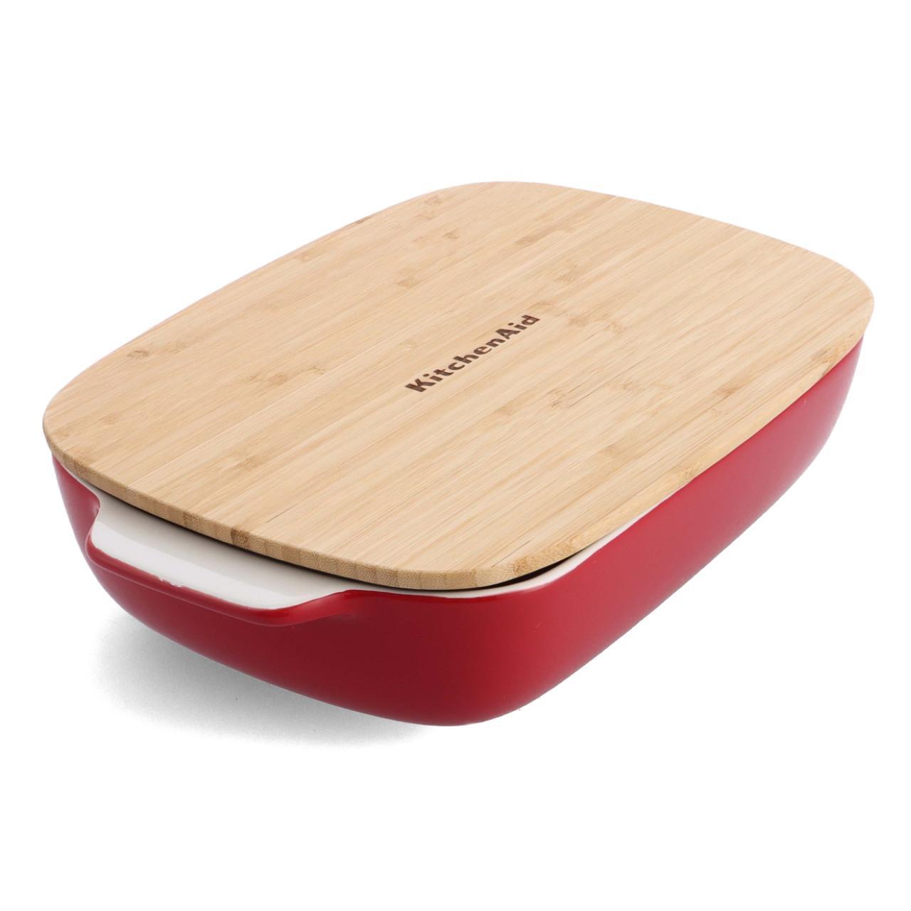 KitchenAid Empire Red Large 32cm Stoneware Rectangular Dish with Bamboo Lid