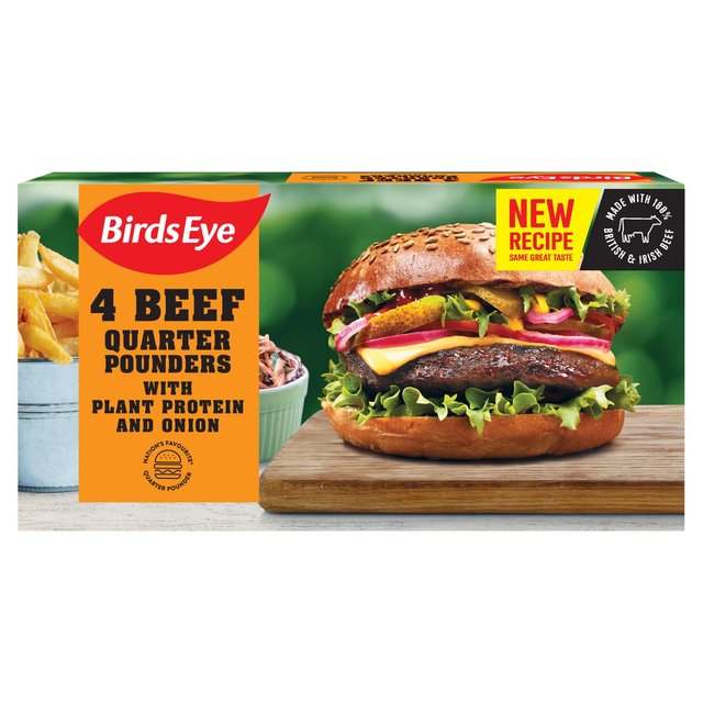 Birds Eye Beef Quarter Pounders with Plant Protein & Onion x4 454g