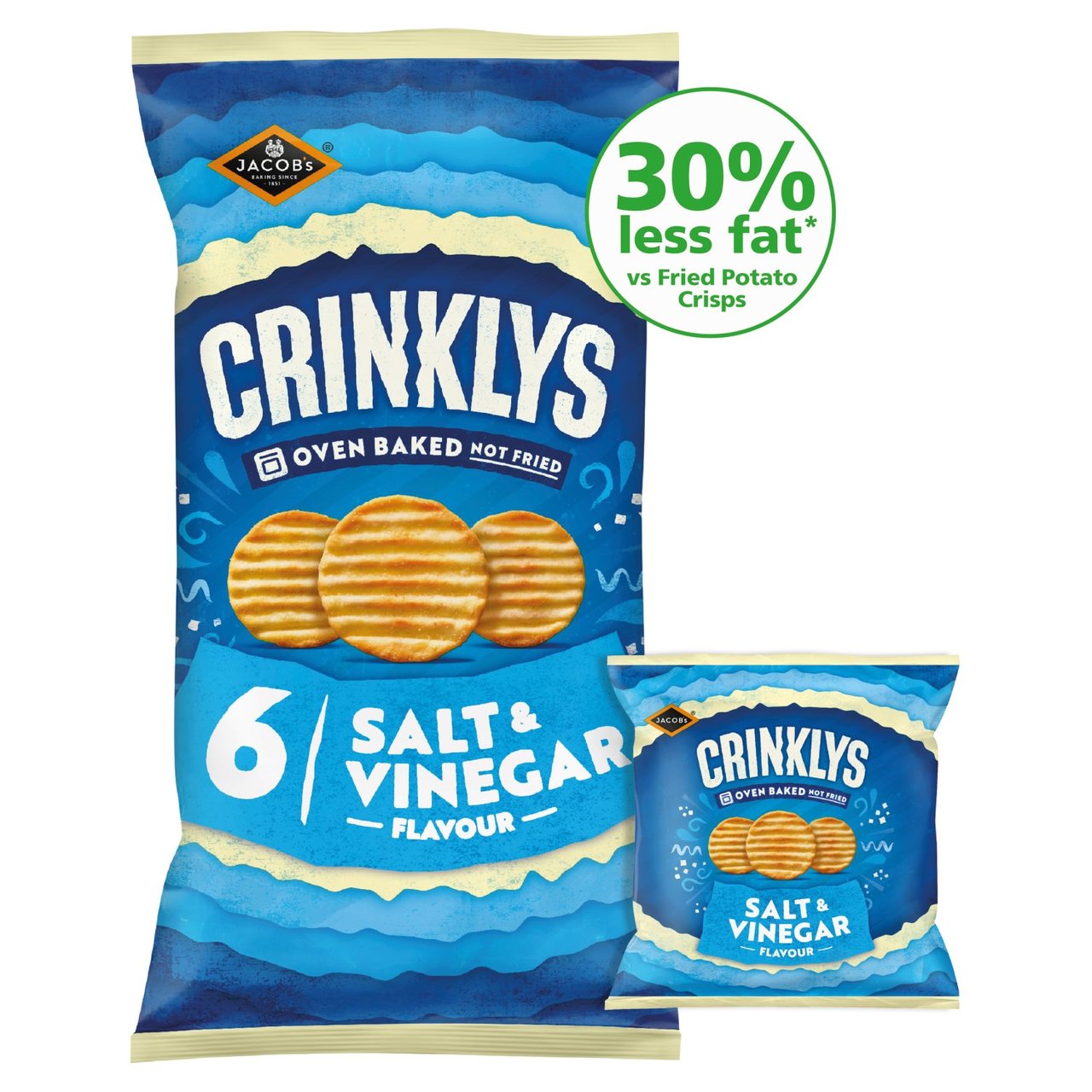 Jacob's Crinklys Salt & Vinegar 30% Less Fat 6 Pack Multipack Snacks  6 x 23g