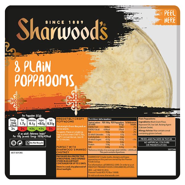 Sharwood's Plain Poppadoms 8 per pack