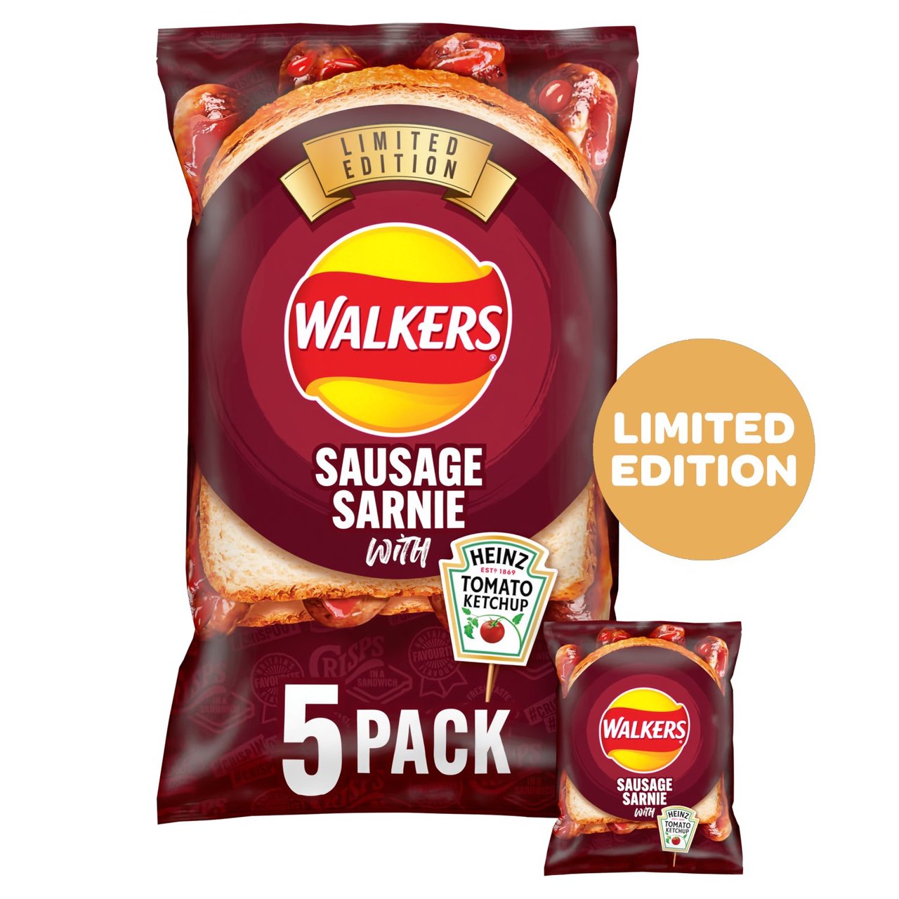 Walkers Sausage Sarnie with Heinz Tomato Ketchup Multipack Crisps 5x25g