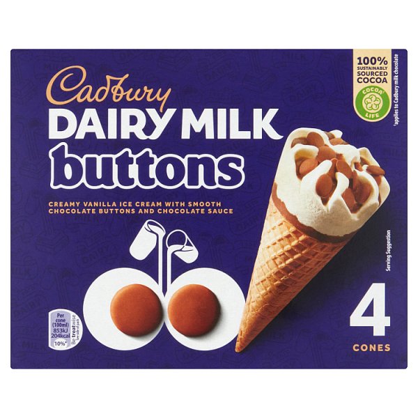 Cadbury Dairy Milk Buttons Ice Cream Cones 4 X 100Ml