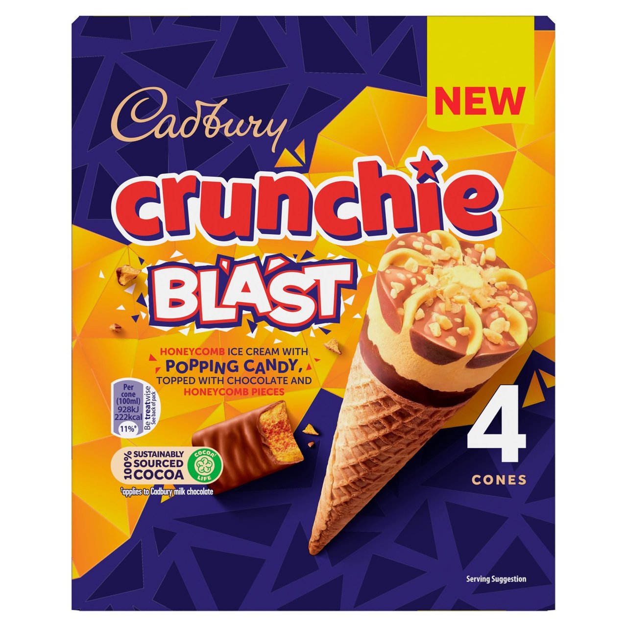 Cadbury Crunchie Blast Honeycomb Ice Cream with Popping Candy Cones 4 x 100ml