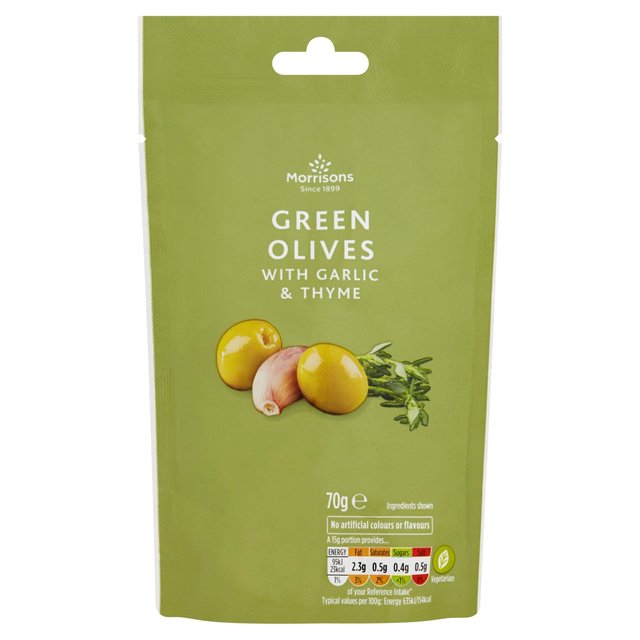 Morrisons Pitted Green Olives With Garlic & Thyme (70g) 70g