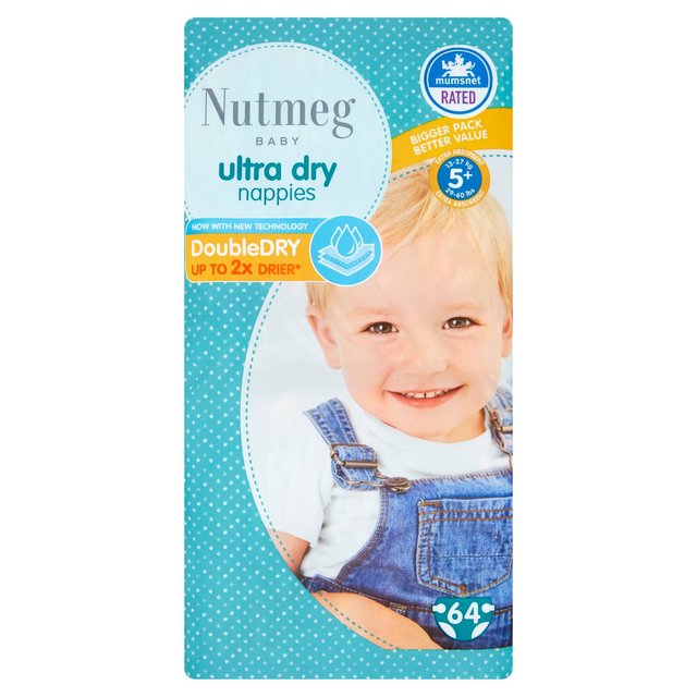 Nutmeg Ultra Dry Nappies Size 5+  64 per pack