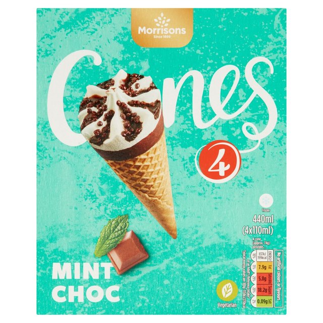  Morrisons 4 Mint Chocolate Ice Cream Cones 4 x 110ml