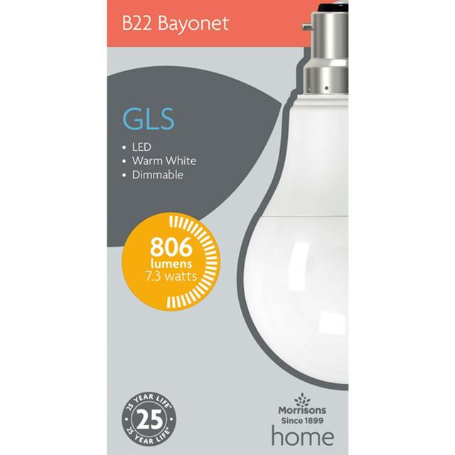 Morrisons LED Gls A60 806 Lumens 7.3W Bc 2700K Dimmable Light Bulb  