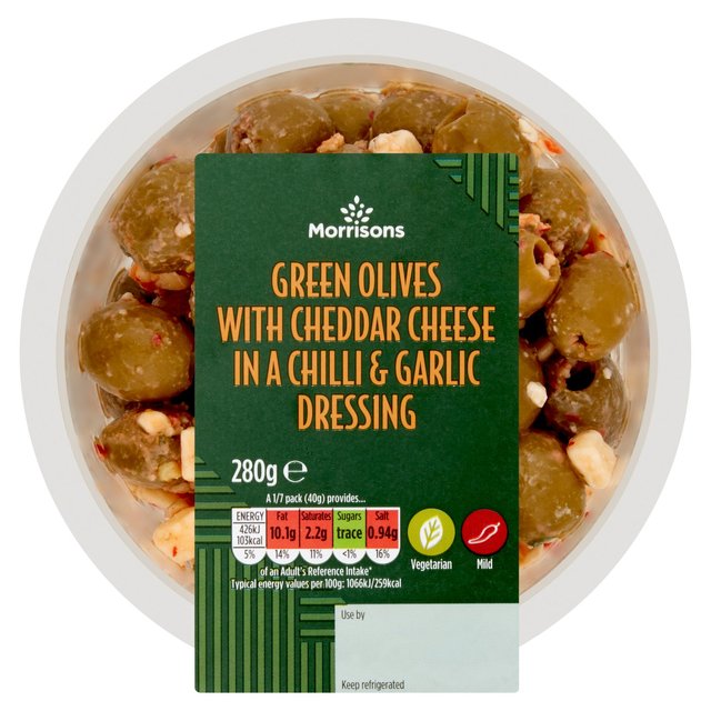 Morrisons Green Olives With Chilli  Cheese & Garlic  280g