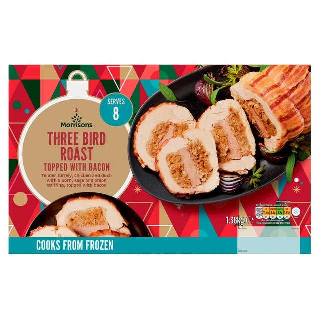 Morrisons Three Bird Roast With Bacon 1.38kg HelloSupermarket