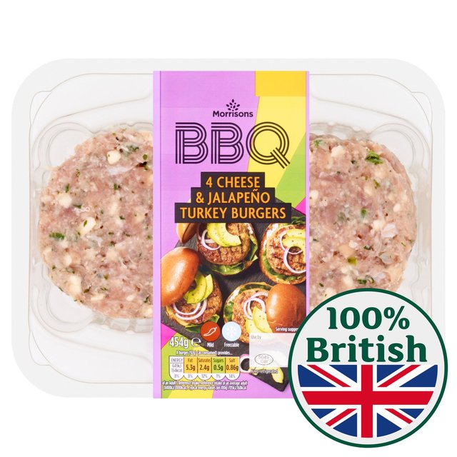 Morrisons BBQ 4 Cheese & Jalapeno Turkey Burgers 454g