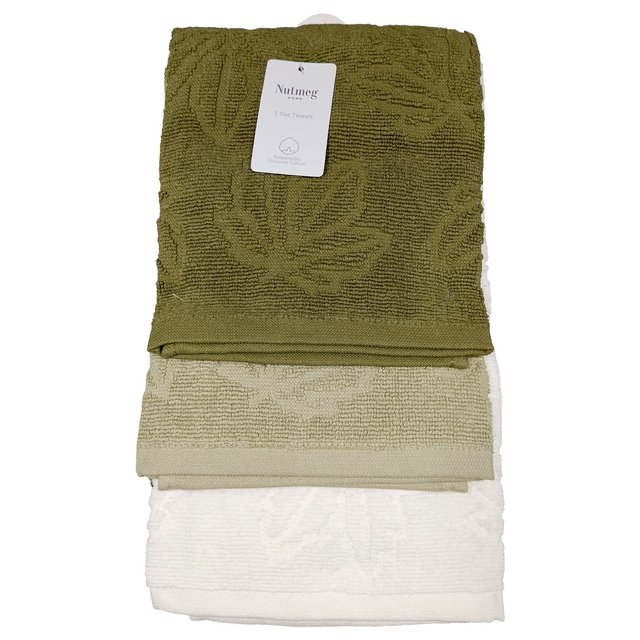 Nutmeg Home Khaki Leaf Jaquard Terry Tea Towel  3 per pack