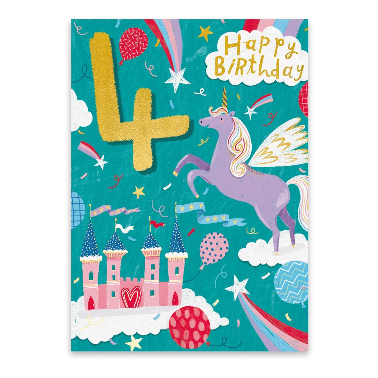 Unicorn Princess Party 4th Birthday Card