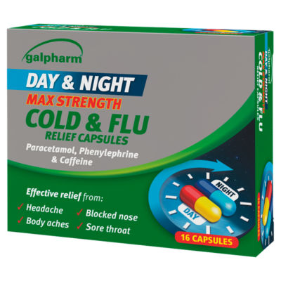 Galpharm Day & Night Max Strength Cold & Flu Relief Capsules 16 Capsules