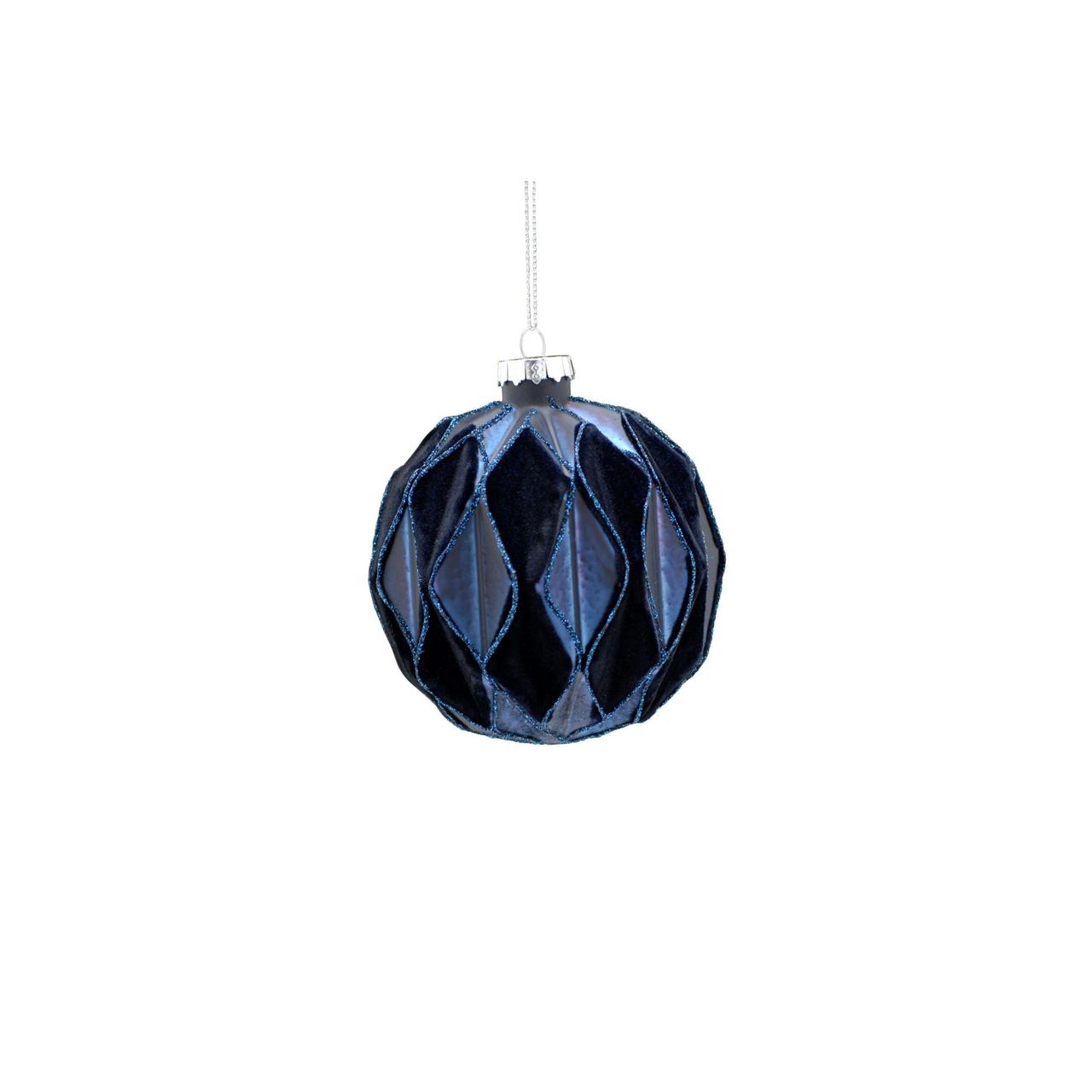 Navy Flocked Geometric Glass Christmas Bauble