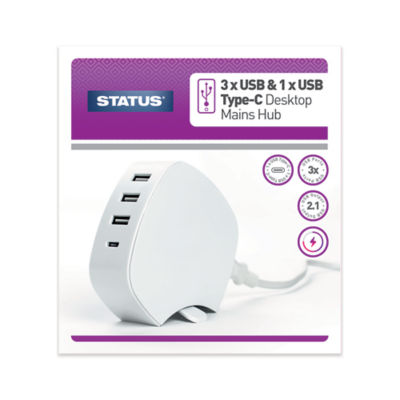 Status 3 x USB & 1 X USB Type C Desktop Mains Hub White