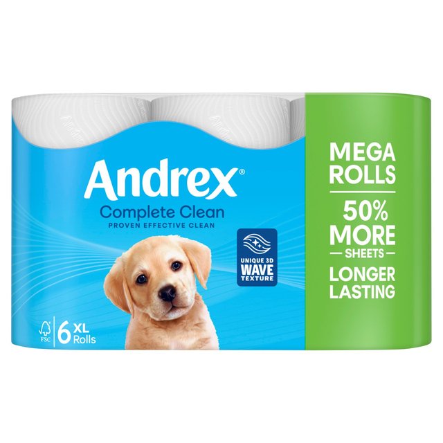 Andrex Complete Clean Toilet Tissue 50% More Sheets  6 per pack