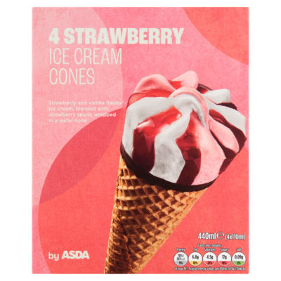 ASDA 4 Strawberry Ice Cream Cones 4x110ml