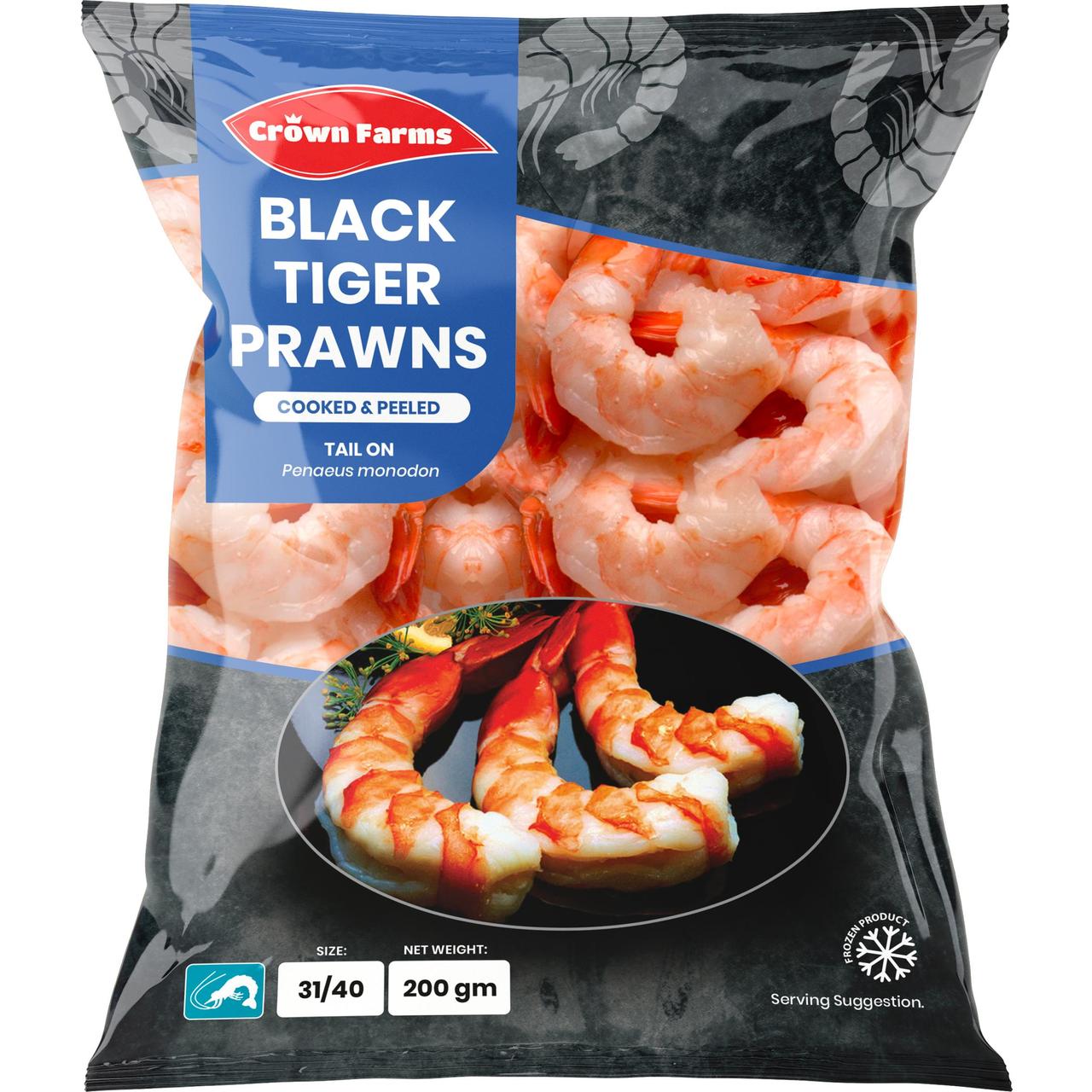 Crown Farms Black Tiger King Prawns Cooked Tail On