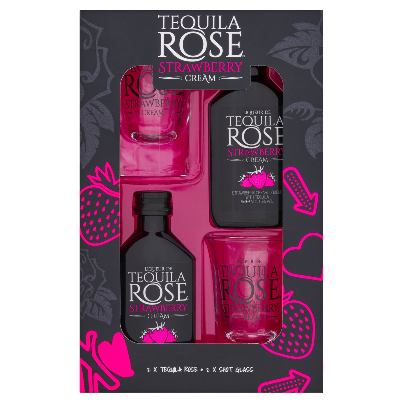 Tequila Rose Strawberry Cream Liqueur 2 x 5cl and 2 shot glasses