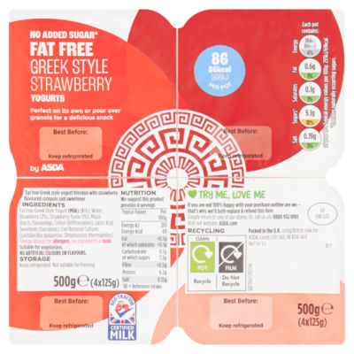 ASDA Fat Free Greek Style Strawberry Yogurts 4x125g