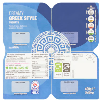 ASDA Creamy Greek Style Yogurts 4x100g