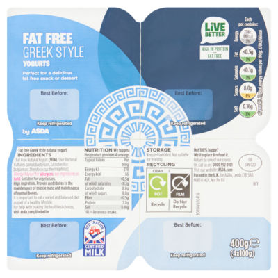 ASDA Fat Free Greek Style Yogurts 4x100g