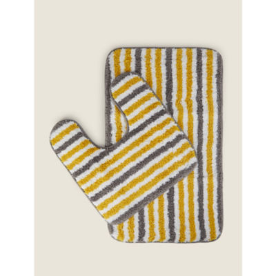 George Home Grey and Yellow Stripe Bath and Pedestal Mat Set