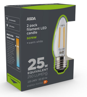 ASDA LED Filament Candle 25W Large Screw Clear Lightbulb