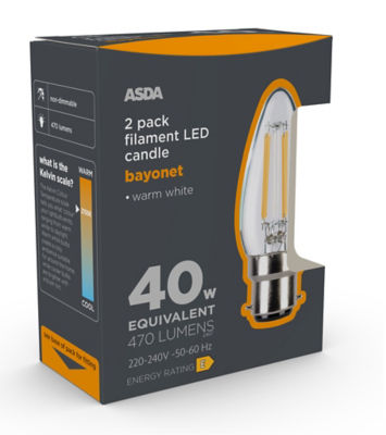 ASDA LED Filament Candle 40W Large Bayonet Clear Lightbulb