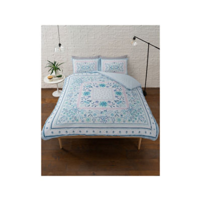 George Home Blue Floral Border Panel Reversible Duvet Cover Set King