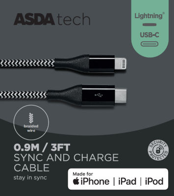 ASDA Tech Lighting to USB-C Cable - Black 0.9m