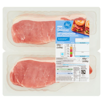 ASDA Delicious 20 Unsmoked Back Bacon Rashers 2 x 300g (600g)