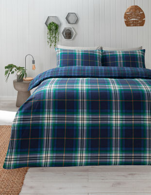 George Home Navy Tartan Brushed Cotton Reversible King Duvet Set