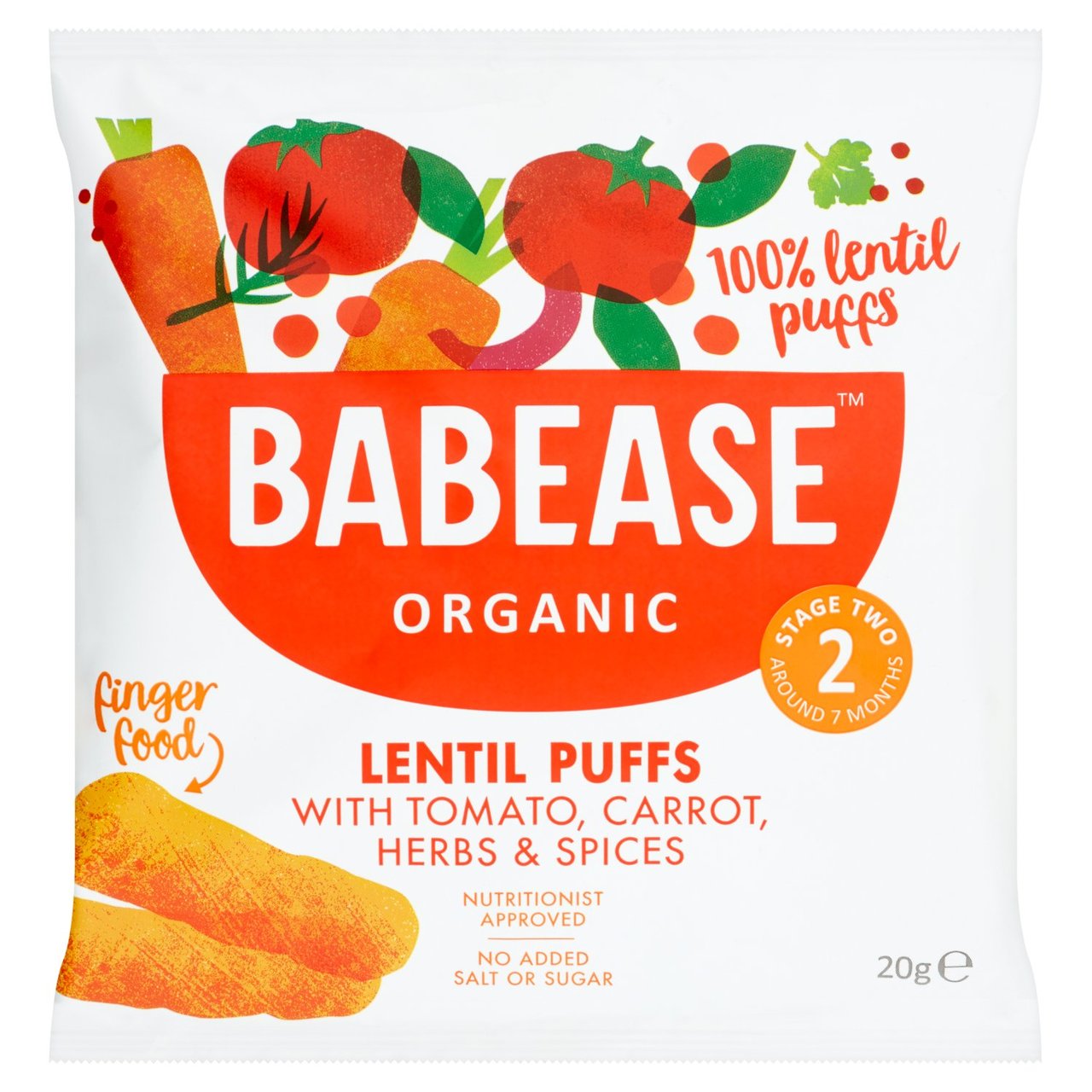 Babease Tomato, Carrot, Herbs Organic Lentil Baby Snack Puffs, 7 mths+