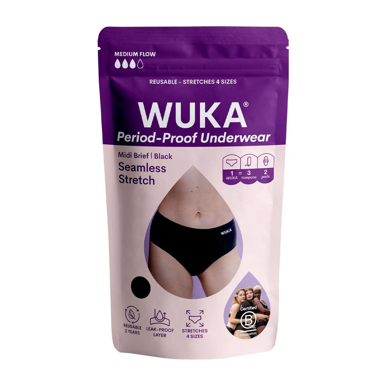 WUKA Stretch Seamless Period Pants, Midi Brief, Medium Flow, Size XS - L