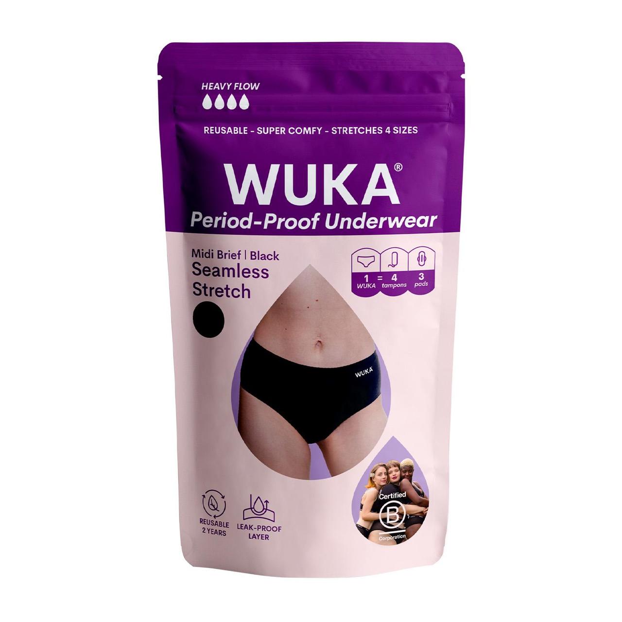 WUKA Stretch Seamless Period Pants, Midi Brief, Heavy Flow, Size XS - L