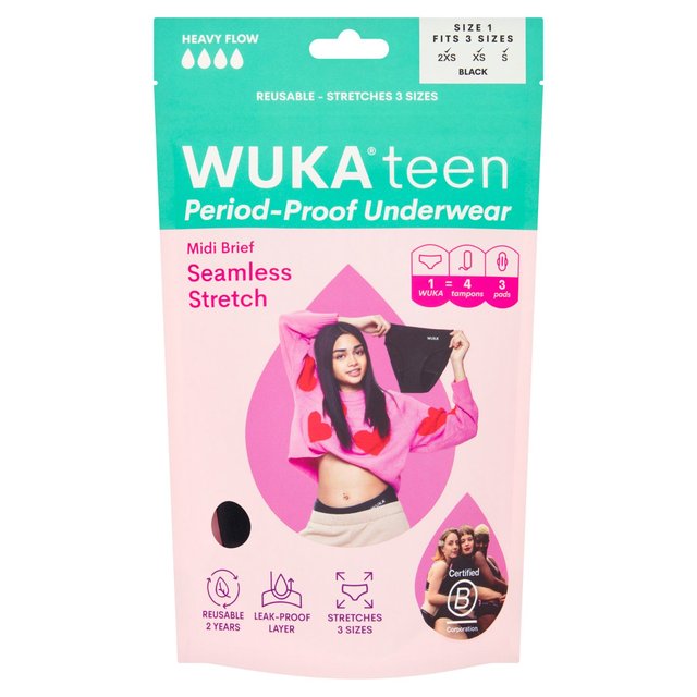 WUKA Teen Stretch Period Pants, Midi Brief, Heavy Flow, Age 8-12