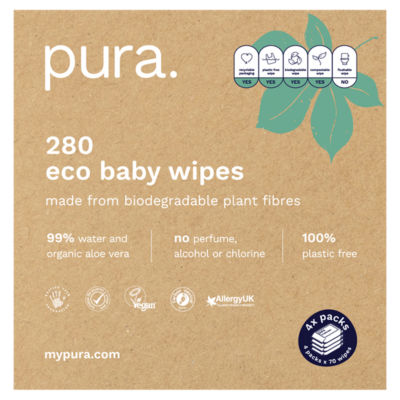 Pura Plastic-Free Eco Baby Wipes 4 Packs