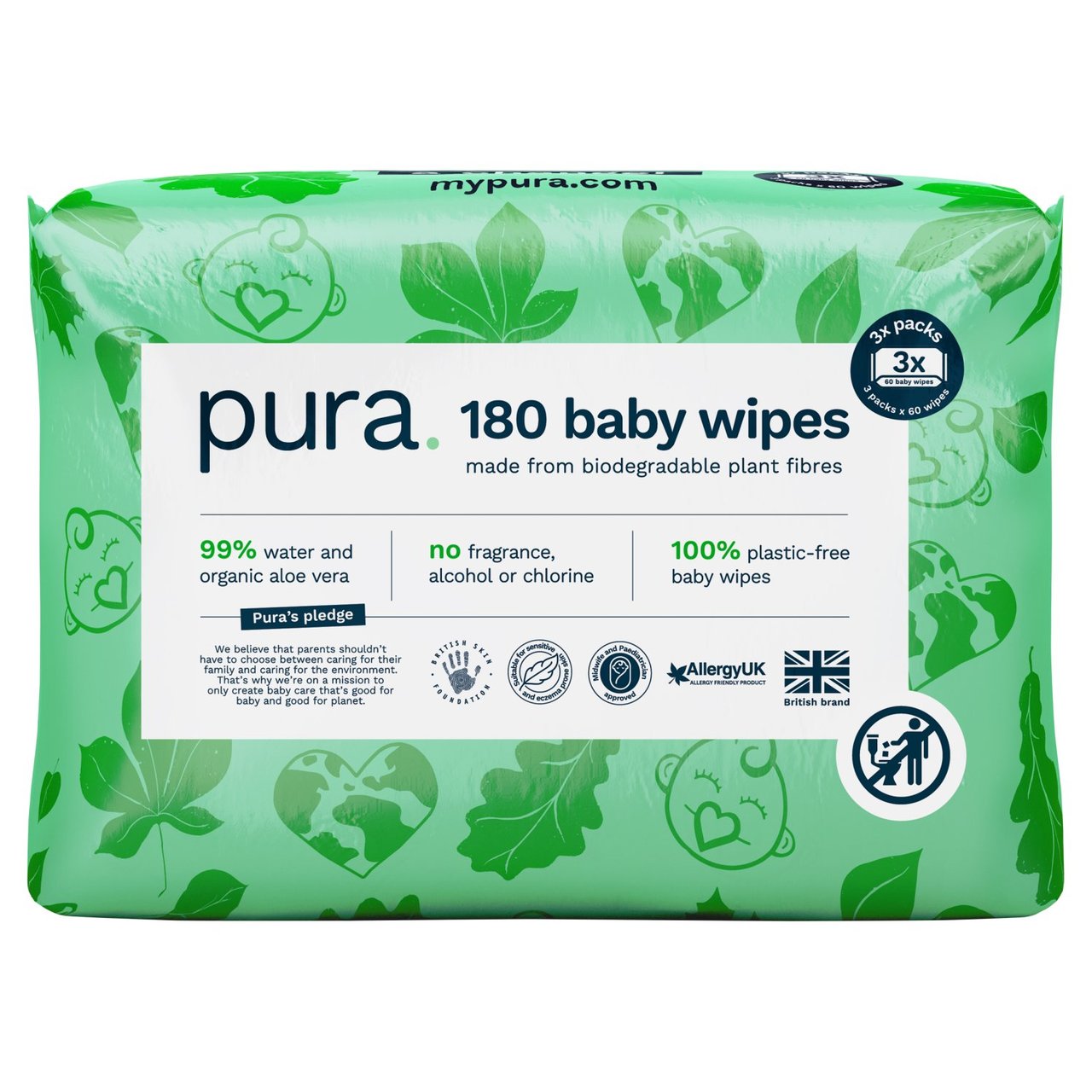 Pura Plastic Free Baby Wipes 3 x 60pk